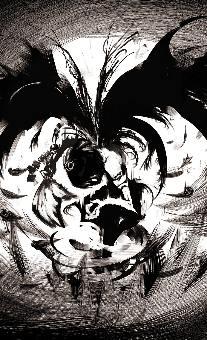 yoshioka yoshiko, shameimaru aya, touhou, 1girl, black hair, black wings, female focus, greyscale, hand fan, hat, monochrome, solo, tokin hat, wind, wings