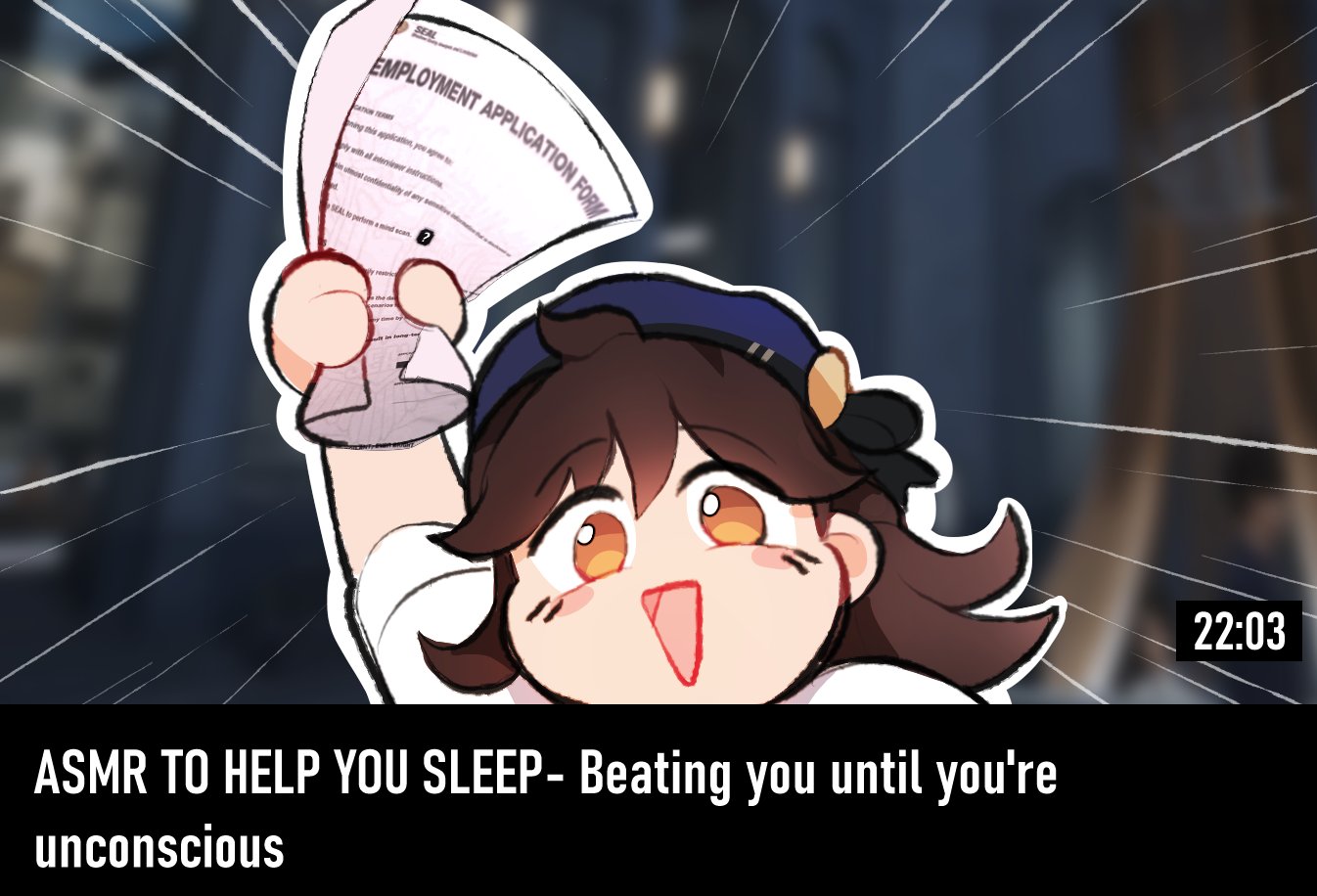 rewuyuu, commentary, english commentary, 1girl, arm up, asmr to help you sleep – beating you until you're unconscious (meme), blue hat, brown hair, english text, fake video, hat, holding, holding paper, job application form (meme), looking at viewer, meme, open mouth, orange eyes, paper, portrait, sayuki (varsapura), smile, solo, varsapura