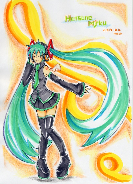 maon, hatsune miku, vocaloid, platform footwear, colored pencil (medium), marker (medium), traditional media, closed eyes, colored pencil, dated, detached sleeves, green hair, headphones, long hair, necktie, pencil, signature, solo, thighhighs, twintails, very long hair, zettai ryouiki