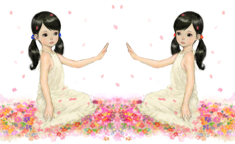 ponsuke (pon00000), bad id, bad pixiv id, black hair, child, dress, flower, short twintails, symmetry, twintails