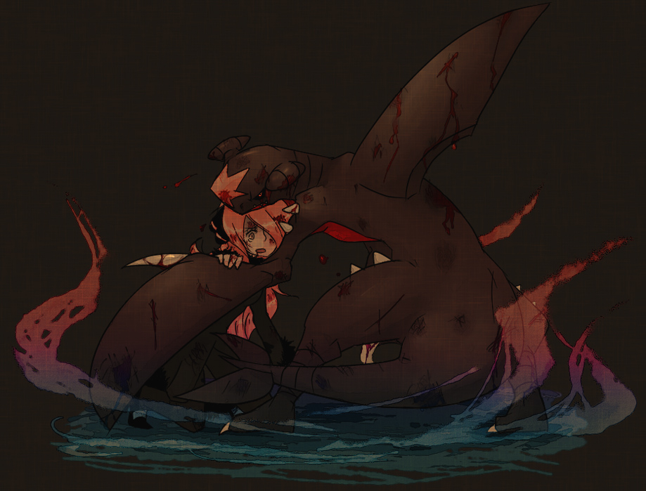 irikonbu, cynthia (pokemon), garchomp, nintendo, pokemon, pokemon dppt, 00s, 2girls, blonde hair, blood, claws, coat, dark, gen 4 pokemon, multiple girls, pokemon (creature), protecting, smoke, spikes, tail