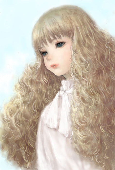 ponsuke (pon00000), original, bad id, bad pixiv id, 1girl, blonde hair, blue eyes, female focus, long hair, realistic, solo, wavy hair