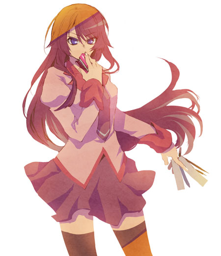 tenkuu sphere, senjougahara hitagi, bakemonogatari, monogatari (series), 00s, 1girl, female focus, long hair, school uniform, simple background, skirt, solo, stapler, thighhighs, white background, zettai ryouiki