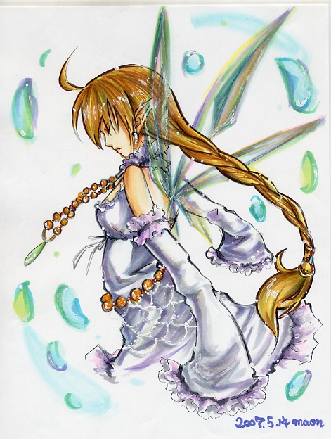 maon, original, marker (medium), traditional media, ahoge, bare shoulders, braid, closed eyes, dated, detached sleeves, fairy wings, jewelry, necklace, ponytail, profile, signature, single braid, solo, wings