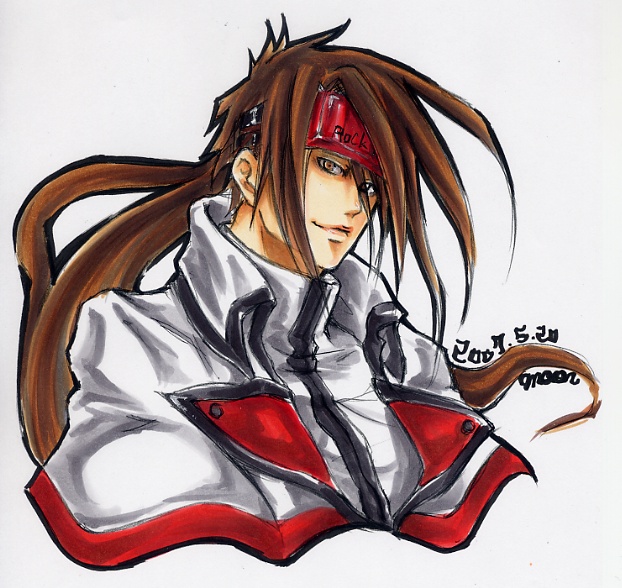 maon, order-sol, order sol, sol badguy, arc system works, guilty gear, marker (medium), traditional media, brown eyes, brown hair, dated, headband, male focus, ponytail, portrait, signature, solo
