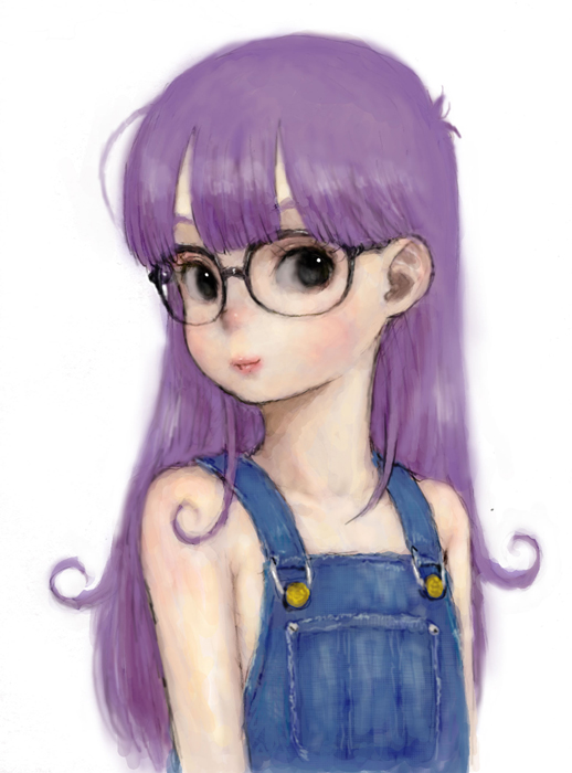 ponsuke (pon00000), norimaki arale, dr. slump, bad id, bad pixiv id, 1girl, bare shoulders, child, eyelashes, glasses, lips, long hair, naked overalls, overalls, purple hair
