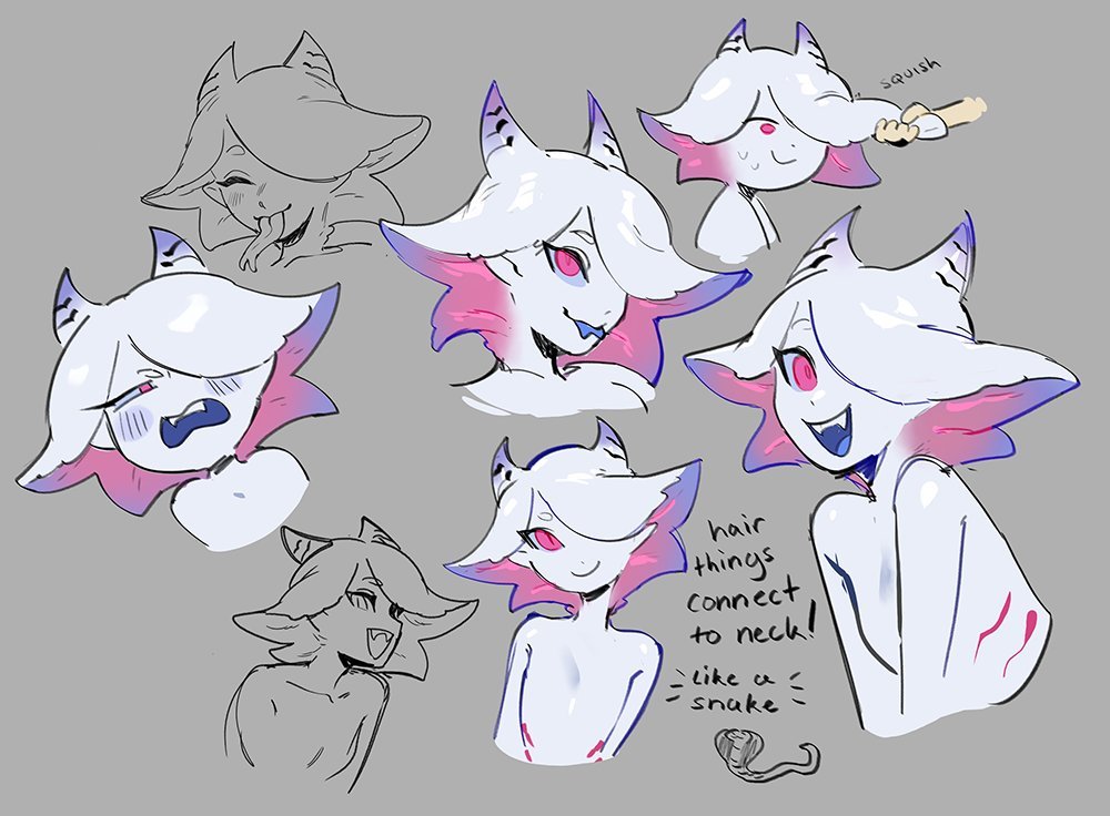 zambiie, original, commentary, english commentary, 1girl, 1other, alien, bare shoulders, blood, blue blood, blue tongue, blush, breasts, cleavage, closed eyes, colored skin, colored tongue, completely nude, embarrassed, fangs, fins, flat chest, forked tongue, gills, grey background, head fins, holding another's hair, horns, long tongue, looking at viewer, monster girl, multicolored skin, nude, one eye covered, open mouth, pepper (zambiie), pink eyes, pink skin, purple skin, simple background, sketch, slit pupils, smile, smirk, snake, sweatdrop, tongue, tongue out, upper body, white skin