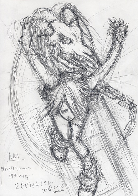 maon, a.b.a, paracelsus (guilty gear), arc system works, guilty gear, homunculus, graphite (medium), traditional media, chain, dated, fingerless gloves, gloves, greyscale, hair over one eye, horns, key in head, monochrome, object through head, short hair, signature, sketch, skull, solo