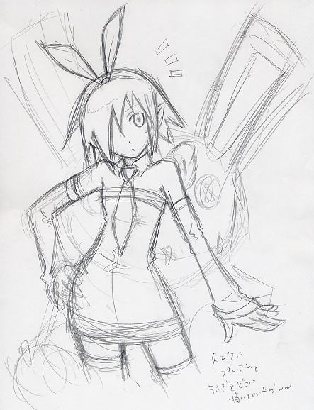 maon, pleinair, usagi-san, disgaea, original, graphite (medium), traditional media, 1girl, animal ears, detached sleeves, dress, fake animal ears, female focus, greyscale, hair over one eye, hairband, monochrome, necktie, pointy ears, rabbit, rabbit ears, sketch, solo, strapless, strapless dress, stuffed animal, stuffed toy, surprised, thighhighs, tube dress, zettai ryouiki
