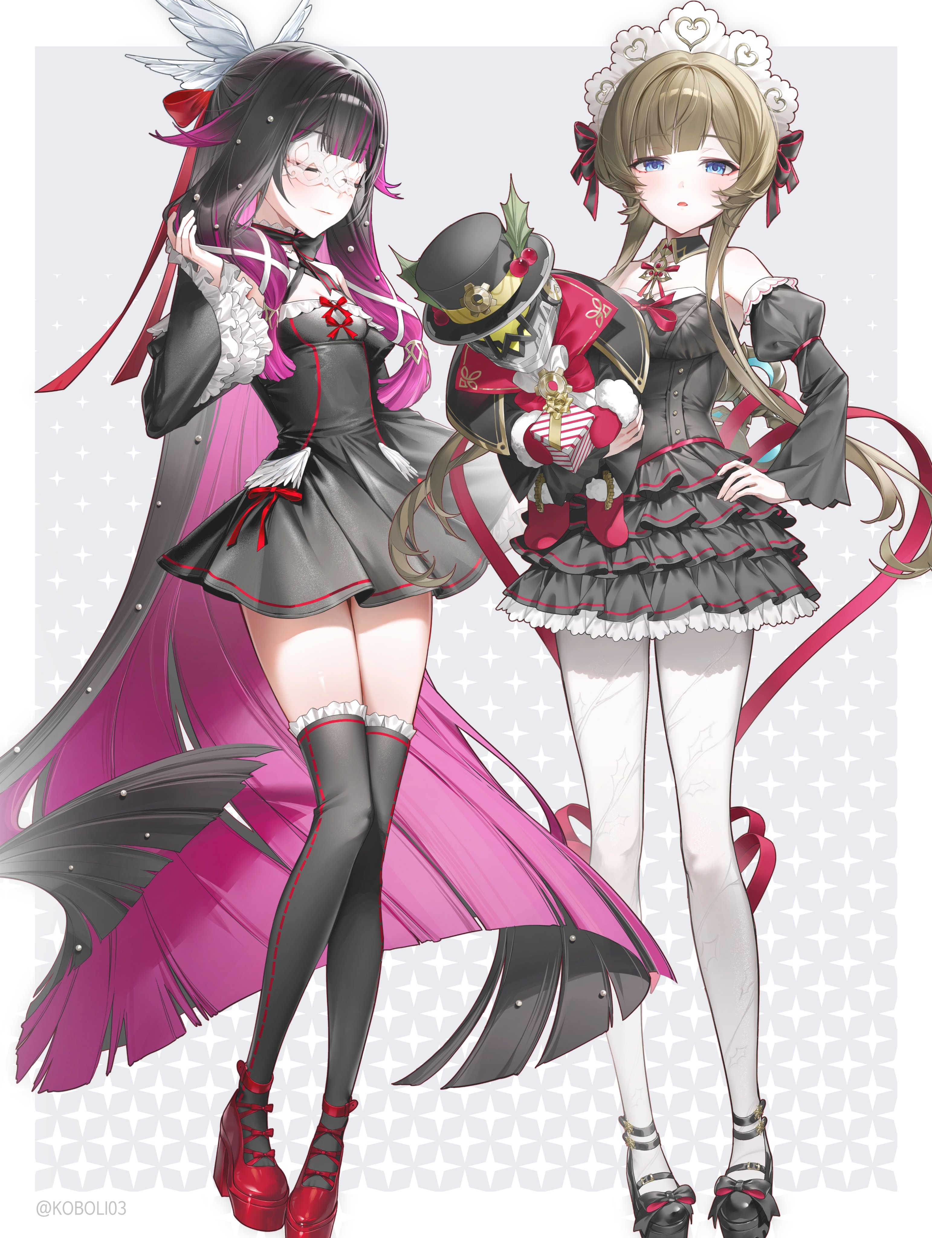 kkopoli, columbina (genshin impact), pulonia (genshin impact), sandrone (genshin impact), genshin impact, absurdres, commentary, highres, 2girls, alternate costume, bare shoulders, black hair, black shoes, black thighhighs, blue eyes, closed eyes, closed mouth, colored inner hair, detached sleeves, eye mask, facing another, floating hair, full body, hand on own hip, hand up, long hair, long sleeves, looking at viewer, mask, multicolored hair, multiple girls, pantyhose, parted lips, pink hair, red shoes, shoes, short hair with long locks, simple background, thighhighs, very long hair, white pantyhose