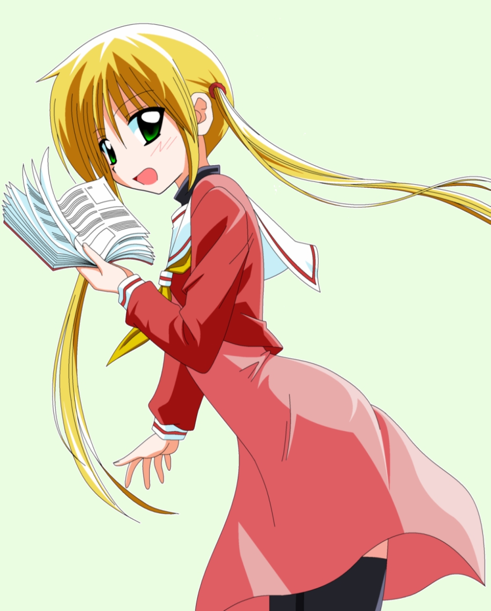 sanzen'in nagi, hayate no gotoku!, highres, non-web source, 00s, blonde hair, book, green eyes, long hair, school uniform, solo, thighhighs, twintails