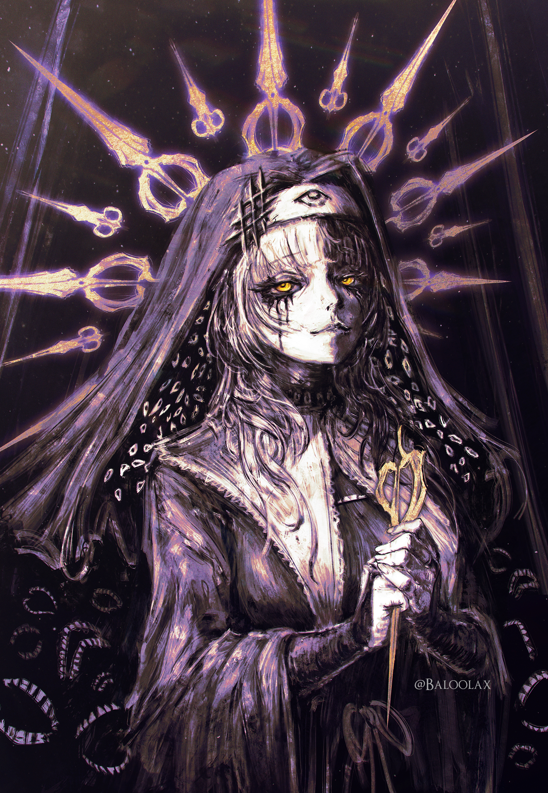 baloolax, shiori novella, hololive, hololive english, absurdres, highres, 1girl, alternate costume, artist name, black dress, black hair, breasts, card, dress, extra eyes, halo, holding, holding scissors, interlocked fingers, large breasts, light smile, long hair, makeup, multicolored hair, nun, runny makeup, scissors, solo, tarot, tarot card, the hierophant (tarot), two-tone hair, virtual youtuber, white hair, wide sleeves, yellow eyes