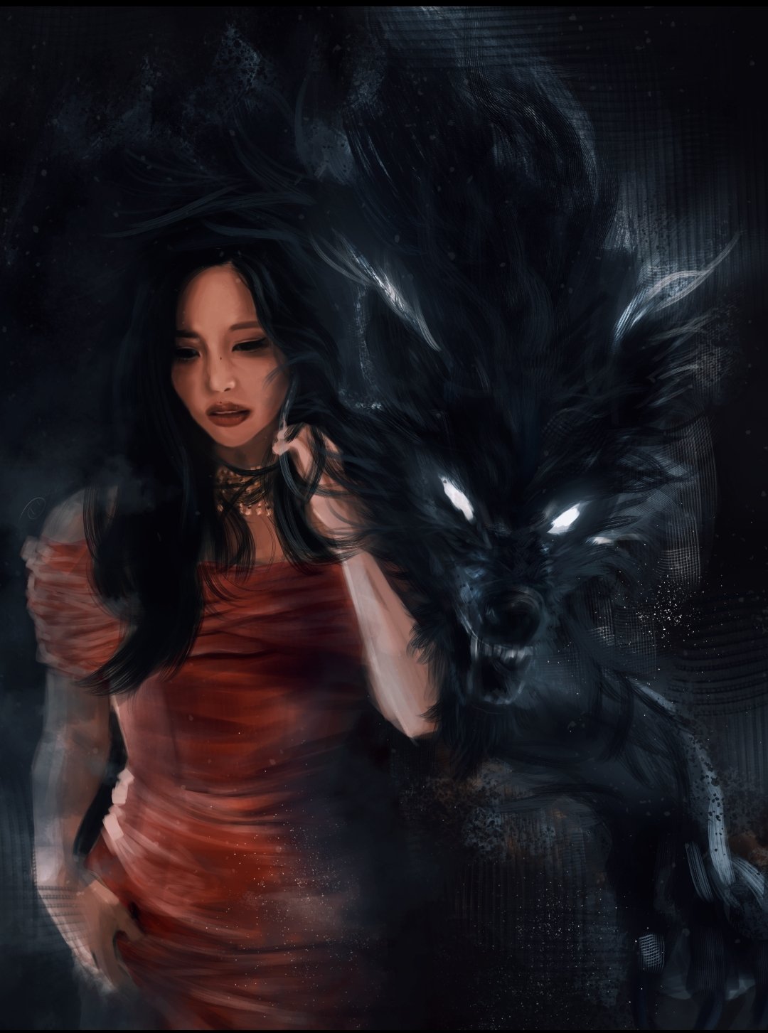 shadow slave, twice (group), highres, 1girl, animal, artskiddy69, black eyes, black hair, crossover, dress, glowing, glowing eyes, jewelry, long hair, miina (tengoku daimakyou), necklace, red dress, red lips, serious, upper body, wolf