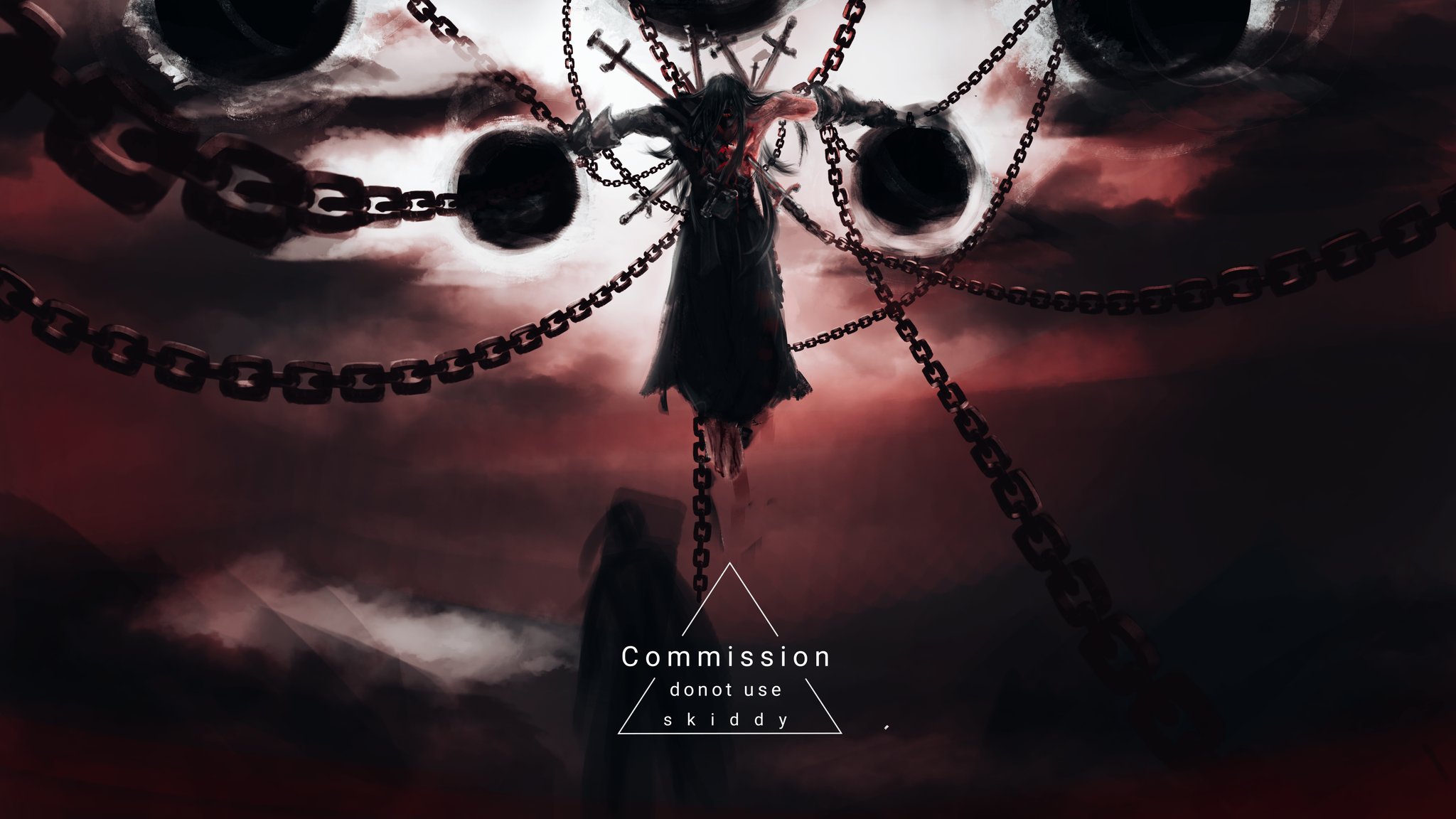 shadow slave, character request, check character, highres, 1girl, arm guards, artskiddy69, barefoot, black robe, chain, cloud, cloudy sky, floating, fog, full body, head down, hope (shadow slave), impaled, mountainous horizon, orb, red sky, robe, sky, solo, too many weapons, torn clothes