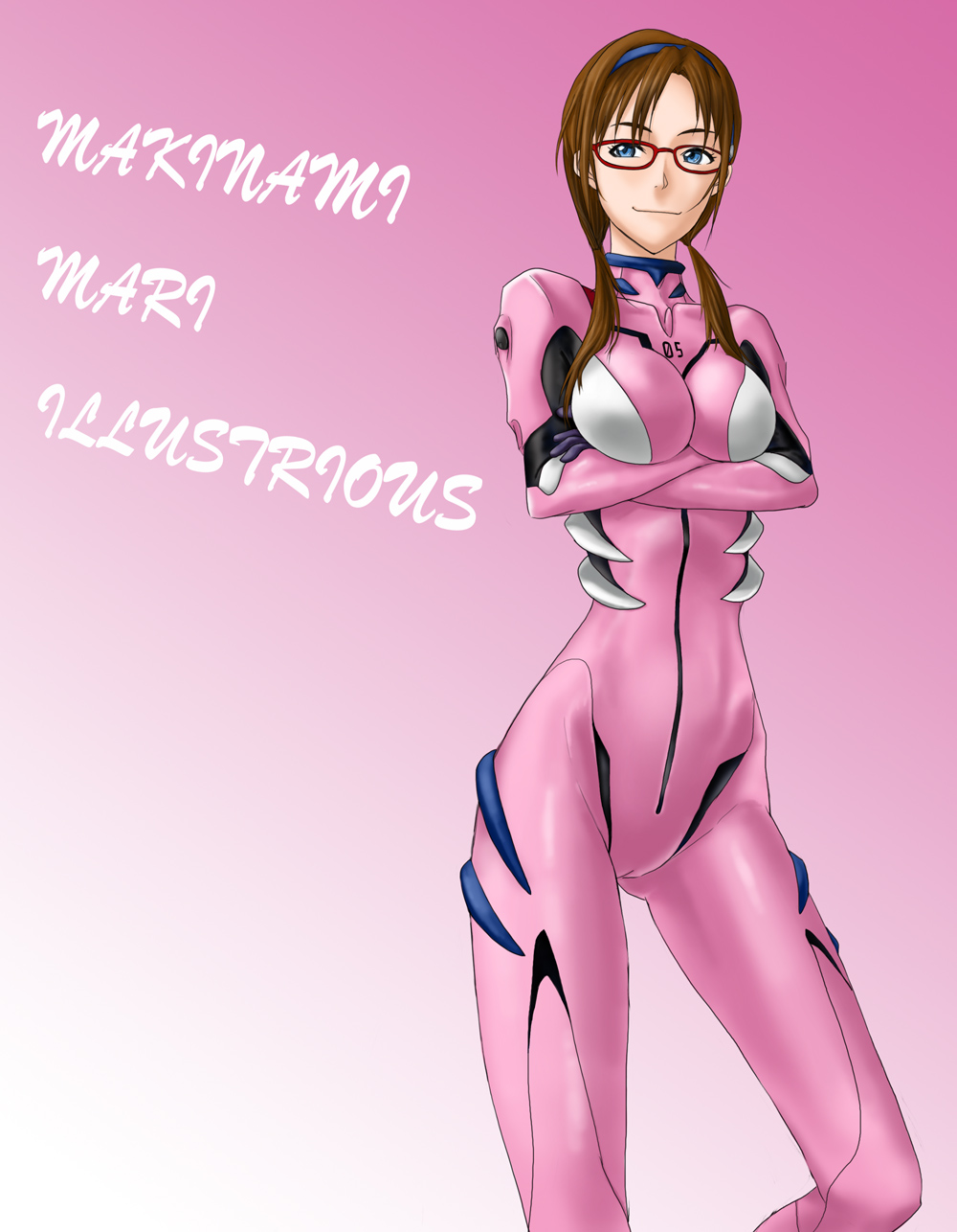 sarami, makinami mari illustrious, evangelion: 2.0 you can (not) advance, neon genesis evangelion, rebuild of evangelion, bad id, bad pixiv id, highres, 00s, 1girl, blue eyes, bodysuit, brown hair, cameltoe, crossed arms, female focus, glasses, hairband, long hair, mecha pilot suit, plugsuit (evangelion), solo, twintails