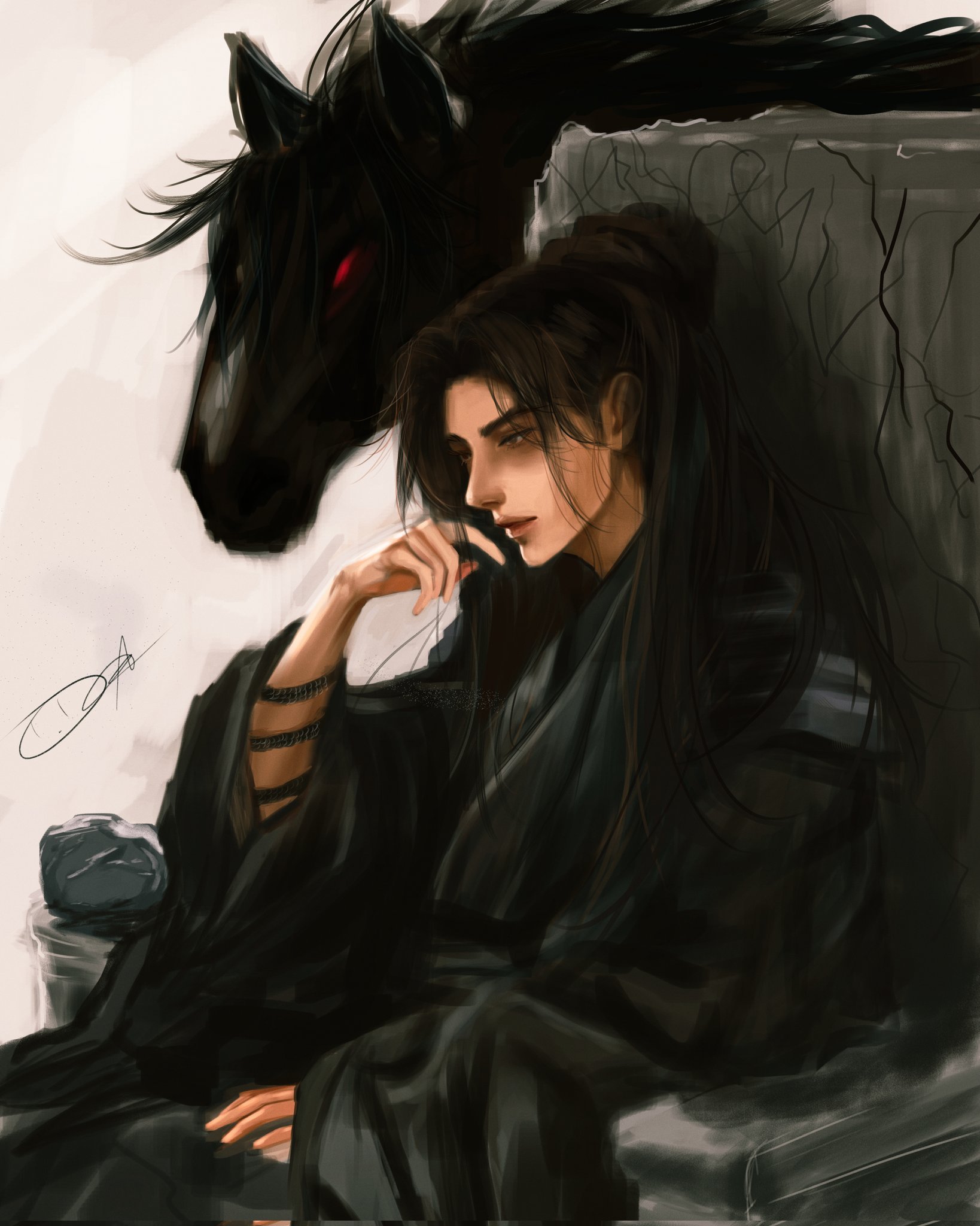 sunny (shadow slave), shadow slave, highres, 1boy, animal, artskiddy69, black eyes, black hair, black robe, elbow rest, hand on lap, hand up, high ponytail, horse, long hair, male focus, playing with own hair, ponytail, red eyes, robe, serious, shoulder pads, sitting, throne