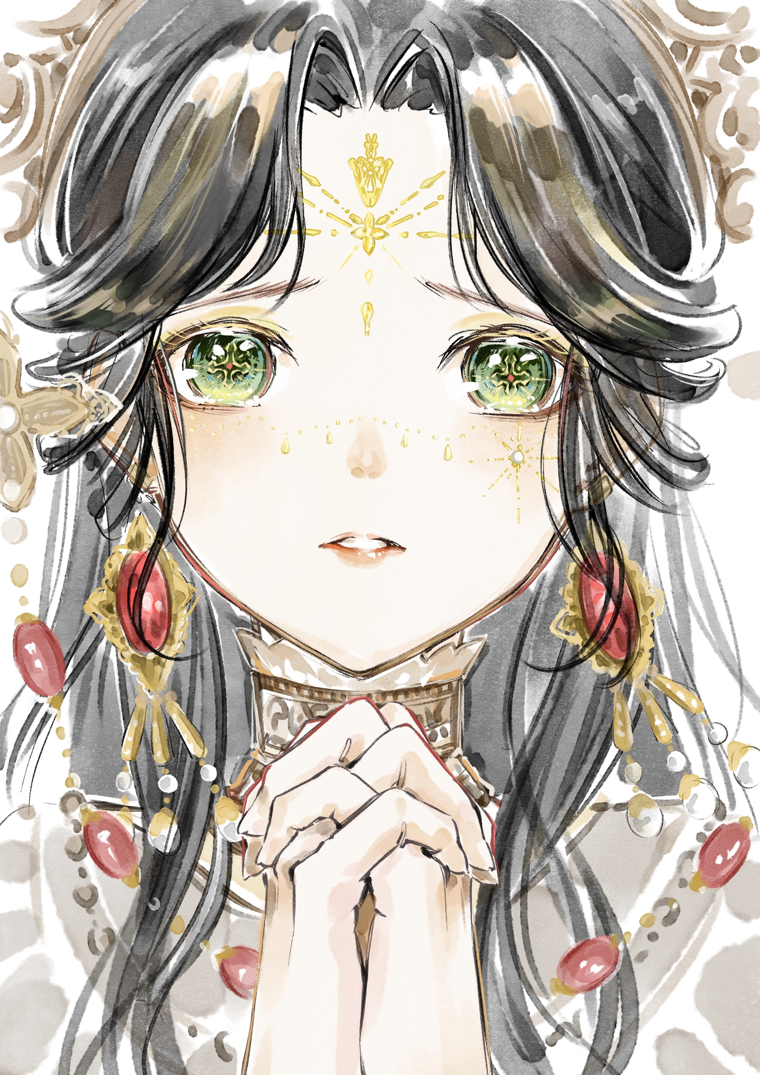 qianyimuthyimu, infinity nikki, nikki (series), absurdres, highres, 1girl, behind prayers (infinity nikki), black hair, choker, circlet, cross-shaped pupils, crown, dress, earrings, eyeshadow, facial tattoo, frilled choker, frills, gem, gold choker, gold circlet, green eyes, interlocked fingers, jewelry, light blush, lipstick, long hair, long sidelocks, makeup, own hands clasped, own hands together, parted lips, praying, red gemstone, red lips, red pupils, sad, sidelocks, simple background, solo, straight-on, symbol-shaped pupils, tattoo, upper body, wavy hair, white background, white crown, white dress, yellow eyeshadow