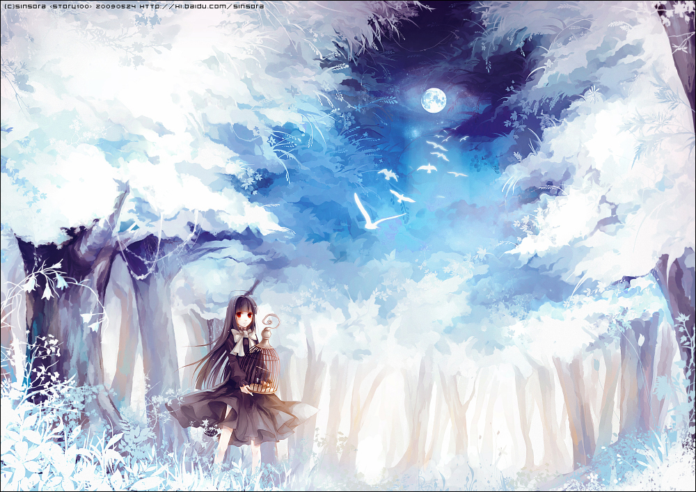sinsora, original, 1girl, ahoge, bird, birdcage, black hair, blunt bangs, bow, cage, female focus, forest, full moon, hime cut, moon, nature, night, red eyes, scenery, skirt, solo