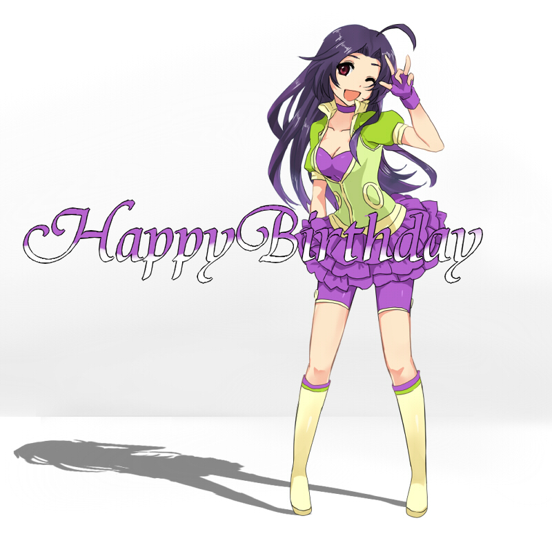 miura azusa, idolmaster, idolmaster (classic), pop sound blossom, 00s, 1girl, bike shorts, blue hair, boots, brown eyes, female focus, fingerless gloves, frills, full body, gloves, happy birthday, latex, leaning forward, looking at viewer, one eye closed, solo, standing, wink