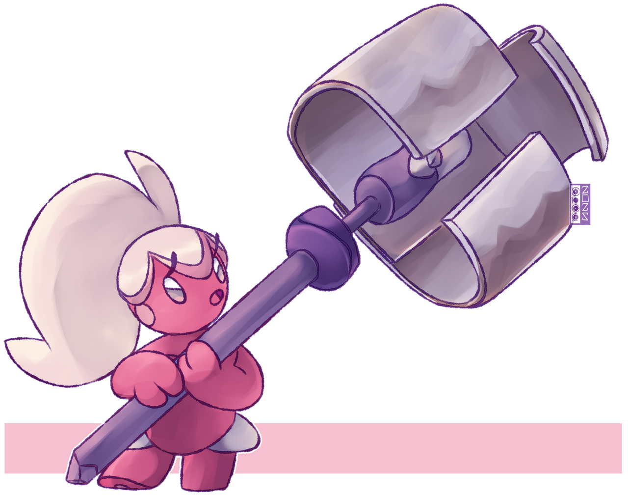 dualcosmog, tinkatuff, nintendo, pokemon, commentary, english commentary, :o, eyelashes, full body, hammer, holding, holding hammer, open mouth, outline, pokemon (creature), pokemon focus, ponytail, solo, transparent background, white outline
