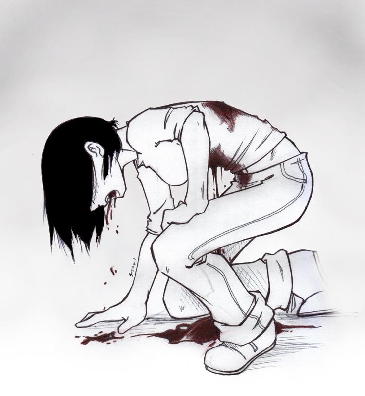 original, bad end, blood, denim, female focus, guro, jeans, navel, pants