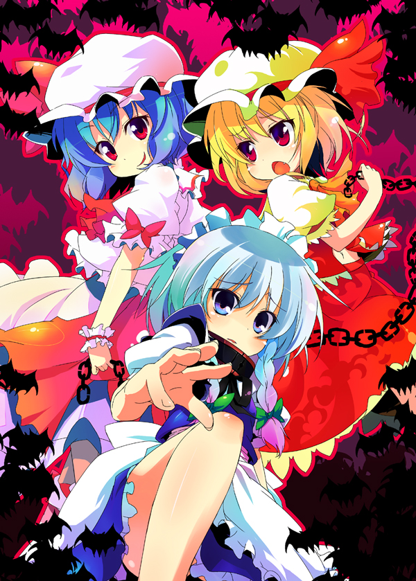 sw (taco), flandre scarlet, izayoi sakuya, remilia scarlet, embodiment of scarlet devil, touhou, silver hair, 3girls, apron, bat (animal), blonde hair, blue eyes, blue hair, braid, chain, collar, female focus, hat, maid, maid headdress, multiple girls, red eyes, short hair, skirt, wrist cuffs