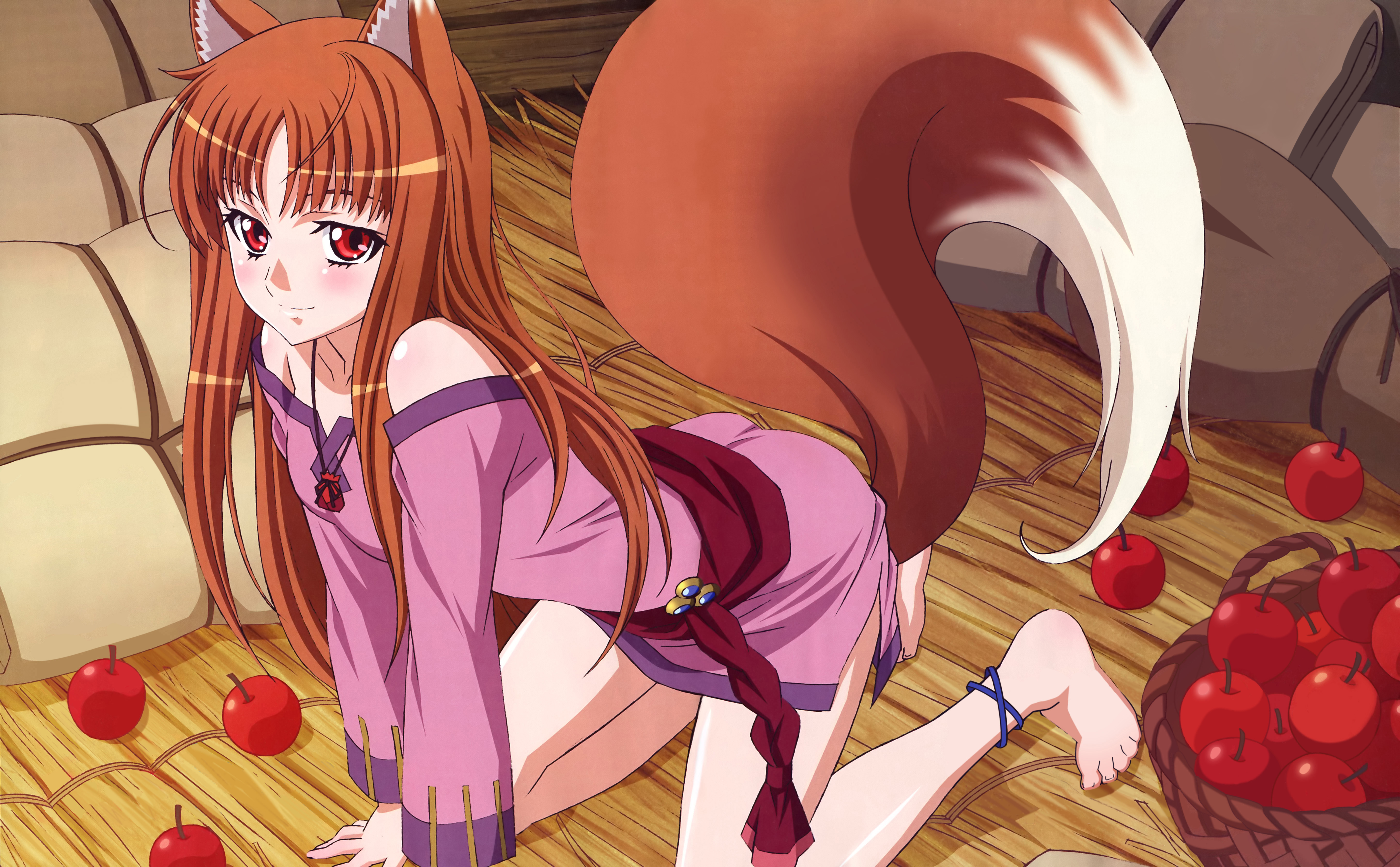 shinohara kenji, holo, spice and wolf, absurdres, detexted, highres, non-web source, third-party edit, 00s, 1girl, all fours, animal ears, anklet, apple, arm support, artistic error, bad anatomy, bad feet, bare shoulders, barefoot, blush, brown hair, feet, female focus, food, fruit, jewelry, long hair, poorly drawn, red eyes, smile, solo, tail, very long hair, wolf ears, wolf tail