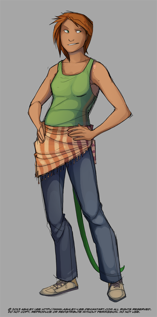 original, 1girl, clothes around waist, collarbone, dated, denim, english text, full body, greekceltic, green eyes, green tank top, hands on own hips, jacky (greekceltic), jeans, medium hair, orange hair, pants, scarf, shoes, signature, simple background, smile, solo, tail, tank top