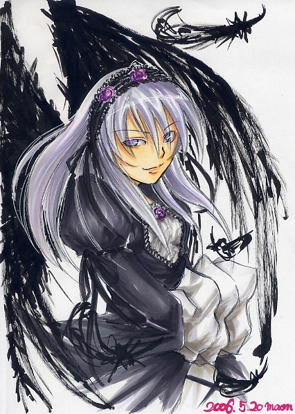 maon, suigintou, rozen maiden, marker (medium), traditional media, 00s, black wings, feathers, flower, gothic lolita, grey hair, lolita fashion, purple eyes, ribbon, rose, signature, solo, wings