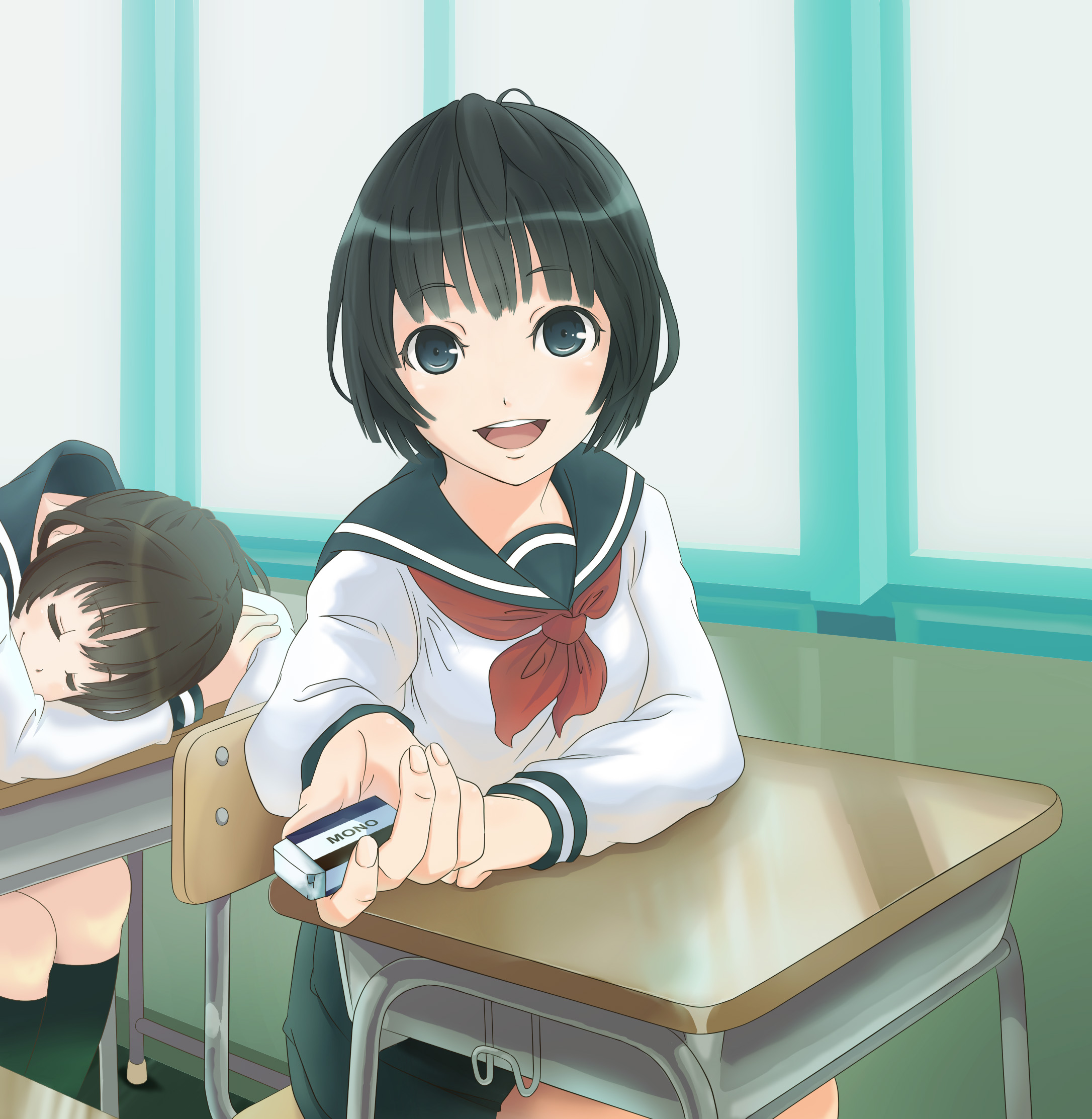 yooguru, original, tombow mono, highres, black hair, blue eyes, bob cut, classroom, desk, eraser, looking at viewer, open mouth, outstretched arm, pov, reaching, reaching towards viewer, school, school desk, school uniform, serafuku, short hair, sleeping, smile