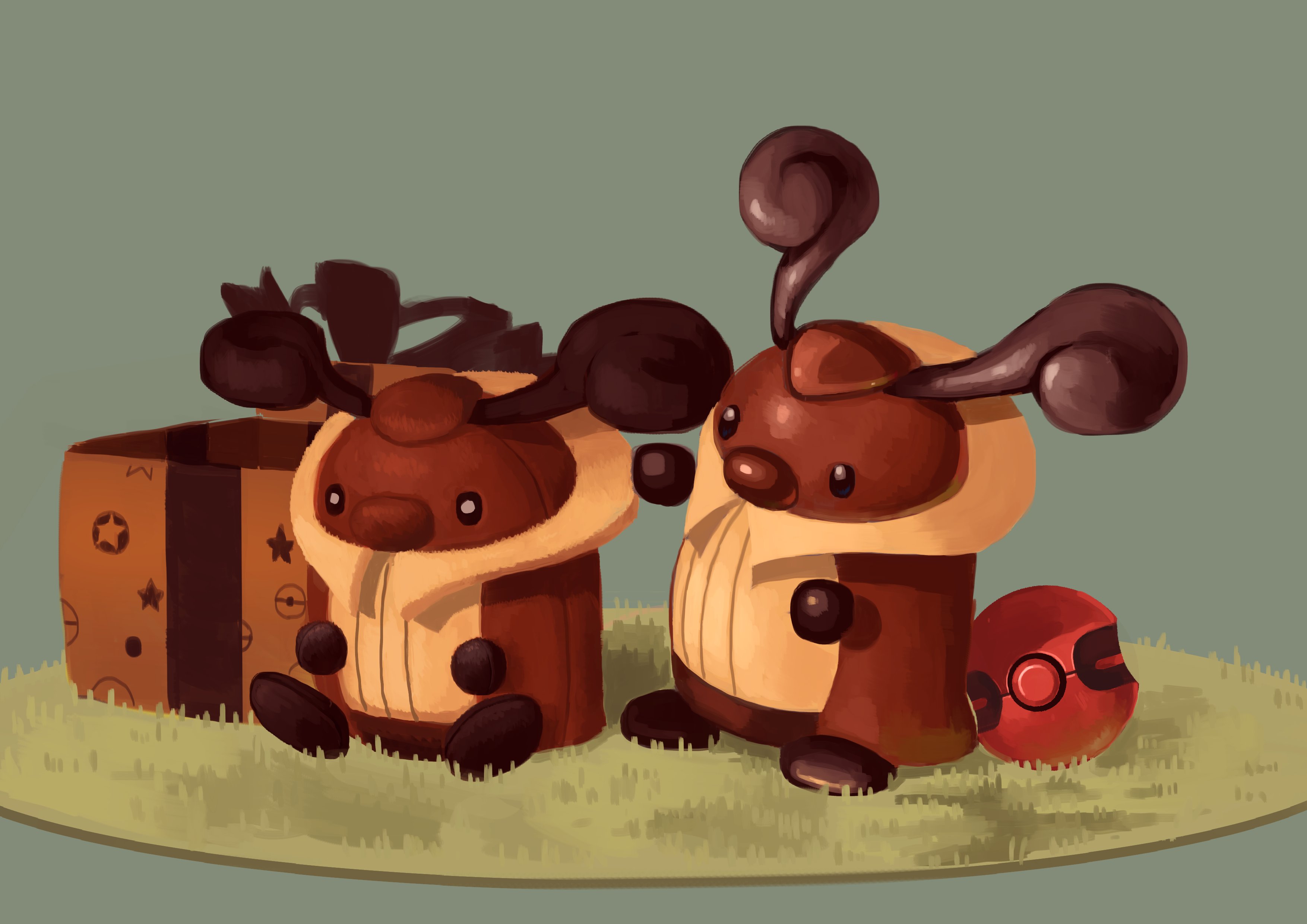 king joe (neoroto), kricketot, nintendo, pokemon, absurdres, commentary request, highres, box, cherish ball, full body, gen 4 pokemon, gift, gift box, grass, grey background, no humans, poke ball, poke ball print, pokemon (creature), pokemon focus, simple background, sitting, standing, star (symbol), star print