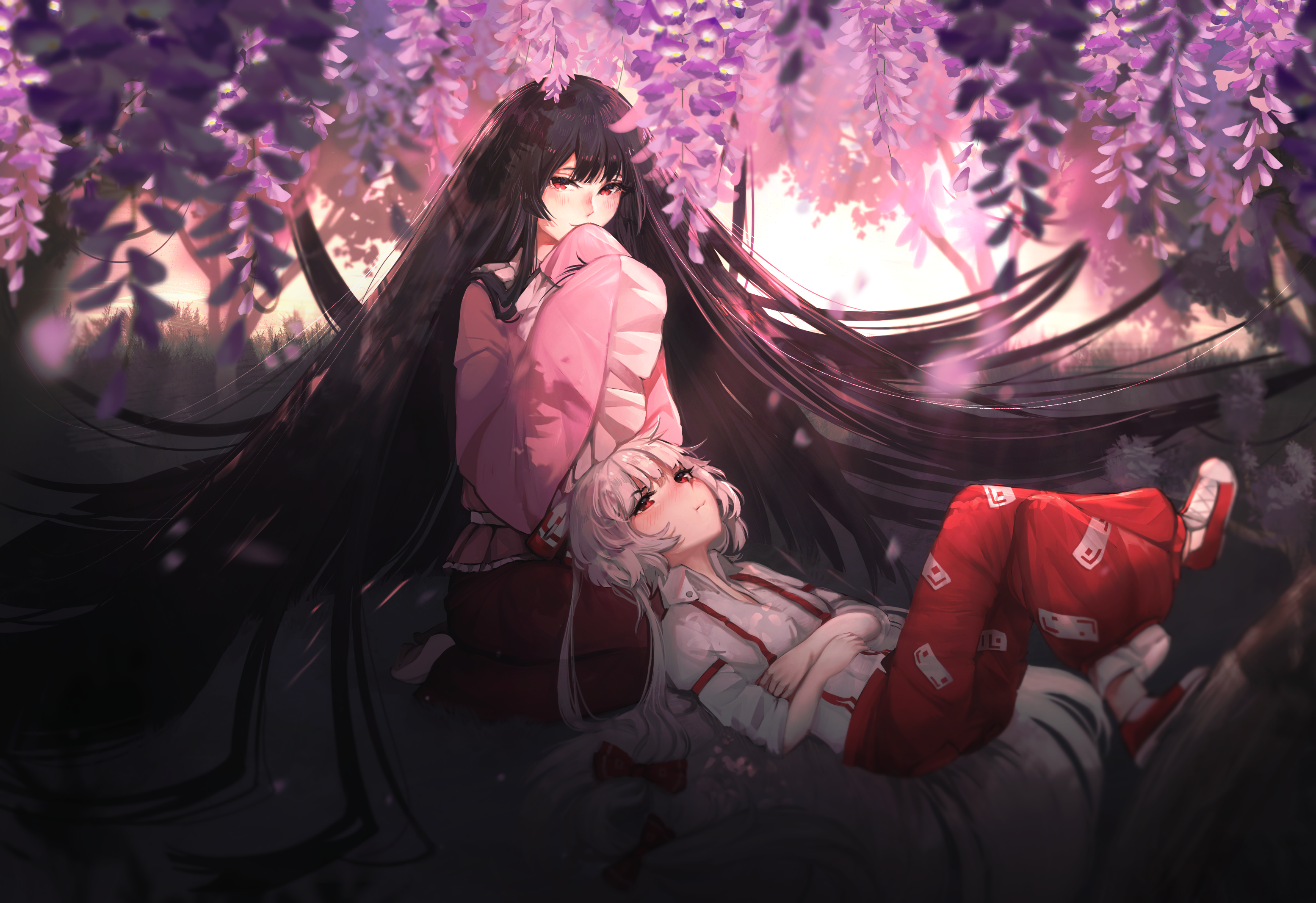 kitsu (skydiverfox), fujiwara no mokou, houraisan kaguya, touhou, commentary request, highres, revision, 2girls, absurdly long hair, arm garter, black hair, blurry, blush, bow, breasts, buttons, collared shirt, covered mouth, crossed legs, dappled sunlight, depth of field, expressionless, floating hair, flower, frilled shirt collar, frilled sleeves, frills, full body, grass, grey hair, hair bow, hands on own stomach, hands up, japanese clothes, lap pillow, long hair, long skirt, long sleeves, looking at viewer, lying, multiple girls, nature, ofuda, ofuda on clothes, on back, orange eyes, outdoors, pants, petals, pink shirt, pout, purple flower, red bow, red eyes, red pants, red shoes, red skirt, rock, seiza, shirt, shoes, sitting, skirt, sleeves past wrists, small breasts, sneakers, straight hair, sulking, sunlight, suspenders, tree, very long hair, vignetting, water, white shirt, wide sleeves, wisteria
