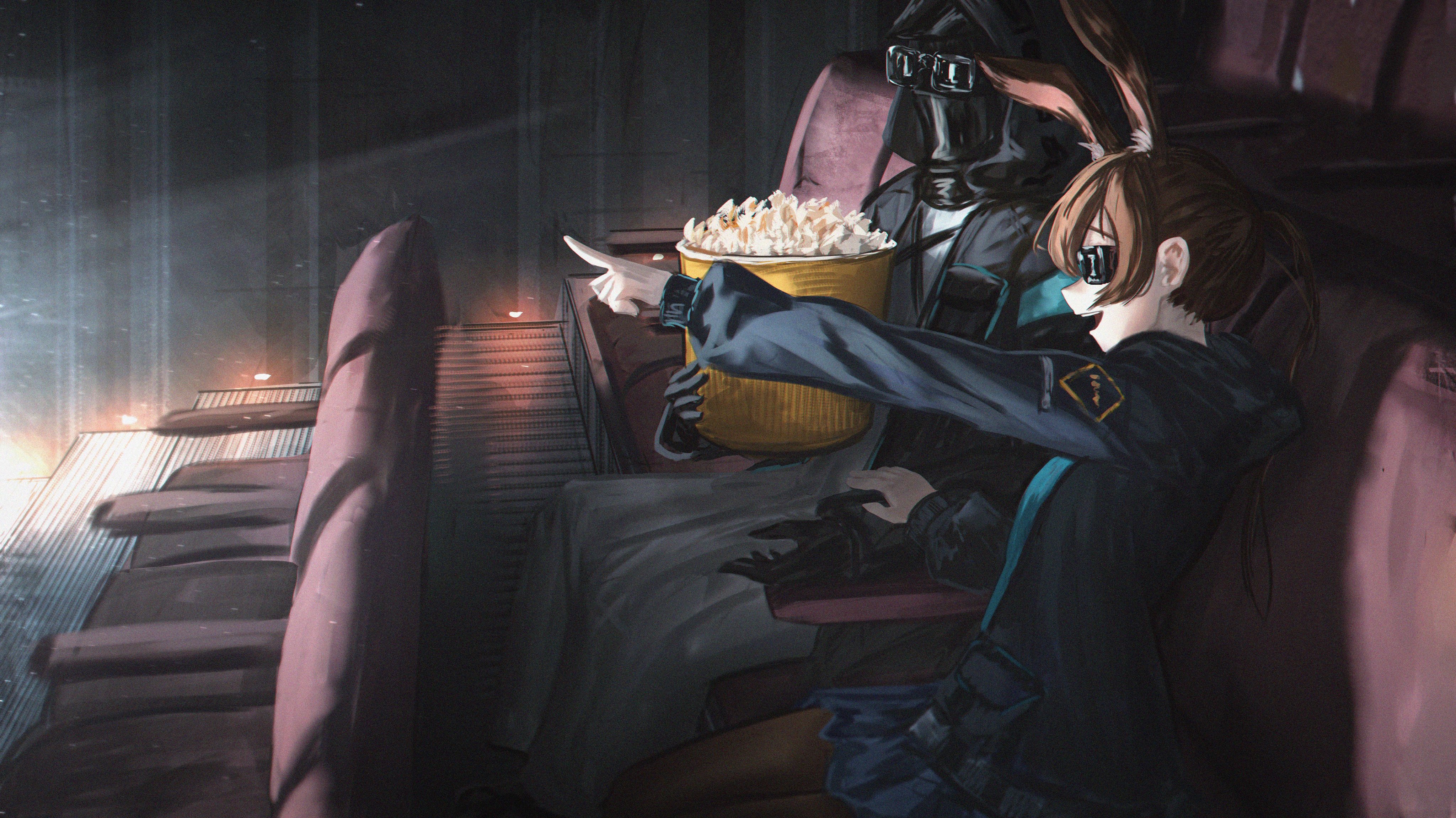 mrsillust, amiya (arknights), doctor (arknights), arknights, absurdres, commentary, english commentary, highres, 1girl, 1other, 3d glasses, ambiguous gender, animal ear fluff, animal ears, black coat, black gloves, black jacket, blue skirt, brown hair, brown pantyhose, bucket, chair, coat, covered face, food, from side, gloves, hair between eyes, hand on another's wrist, hood, hood down, hood up, hooded coat, hooded jacket, indoors, jacket, long hair, long sleeves, movie theater, on chair, open mouth, pantyhose, pointing, ponytail, popcorn, rabbit ears, rabbit girl, robe, sidelocks, sitting, skirt, theater seating, tinted eyewear, watching, white robe