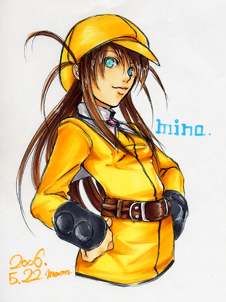 maon, original, marker (medium), traditional media, antenna hair, belt, blue eyes, brown hair, hands on own hips, hat, long hair, newsboy cap, signature, solo, yellow theme