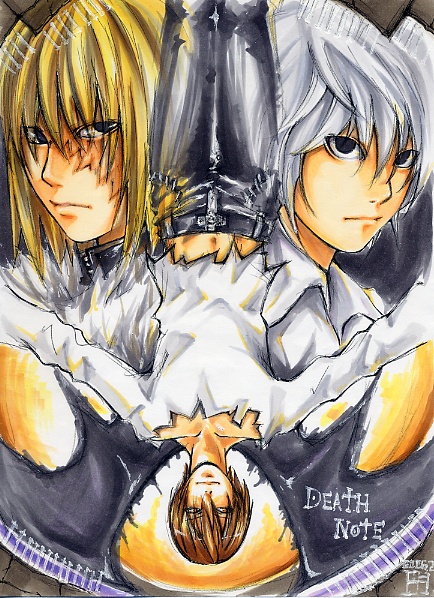maon, mello (death note), near (death note), yagami light, death note, marker (medium), traditional media, 00s, 3boys, bat wings, blonde hair, brown hair, denim, jeans, logo, male focus, multiple boys, pants, scar, white hair, wings