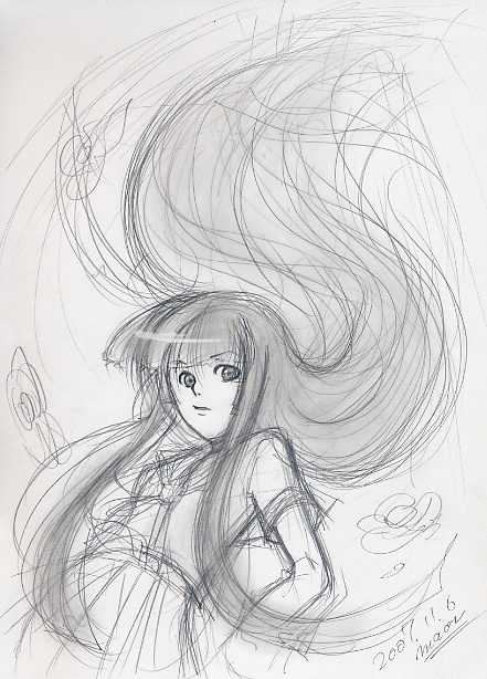 maon, furude rika, higurashi no naku koro ni, graphite (medium), traditional media, 00s, dutch angle, from below, greyscale, long hair, looking down, monochrome, signature, sketch, solo, very long hair