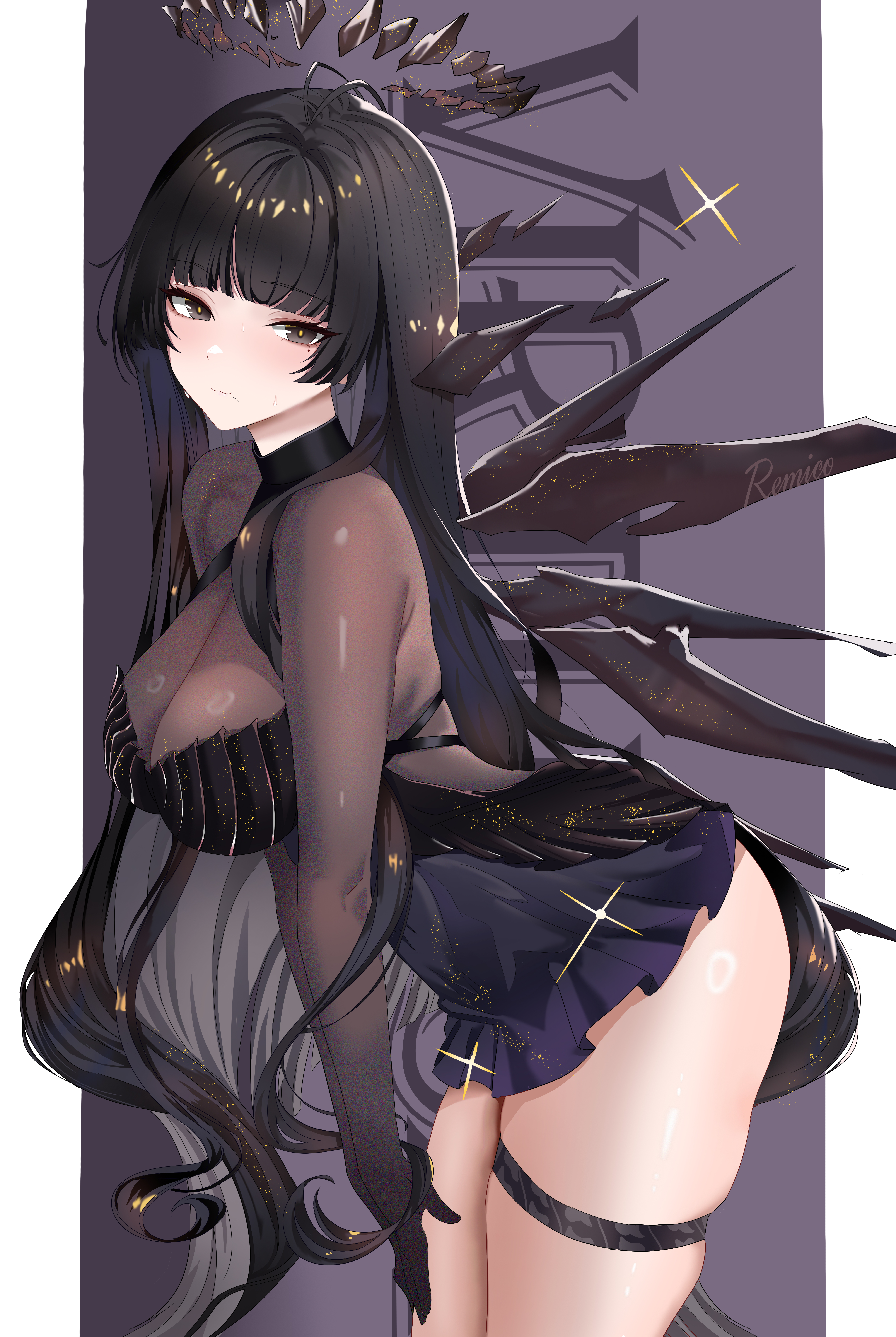 virtuosa (arknights), virtuosa (diversity oneness) (arknights), arknights, absurdres, commentary request, highres, 1girl, :3, ahoge, artist name, black dress, black eyes, black hair, black halo, black wings, blunt bangs, bodystocking, border, character name, closed mouth, cowboy shot, dress, from side, halo, hime cut, leaning forward, long hair, looking at viewer, mole, mole under eye, official alternate costume, own hands together, pillarboxed, remico, skindentation, solo, standing, thick thighs, thigh strap, thighs, very long hair, white border, wings, yellow pupils