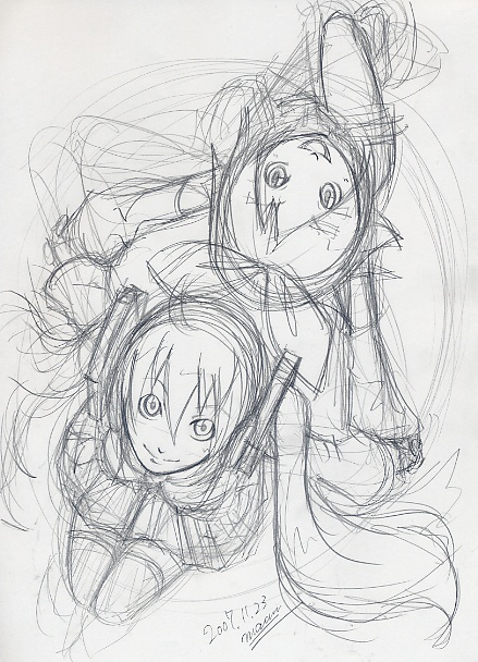 maon, hatsune miku, kagamine rin, vocaloid, graphite (medium), traditional media, back-to-back, detached sleeves, greyscale, hair ribbon, happy, holding hands, looking up, monochrome, ribbon, short hair, signature, sketch, thighhighs, twintails, zettai ryouiki