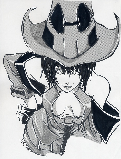 maon, i-no, arc system works, guilty gear, marker (medium), scan, scan artifacts, traditional media, 1girl, bare shoulders, breasts, cleavage, detached sleeves, female focus, fingerless gloves, gloves, greyscale, large breasts, large hat, leaning forward, monochrome, short hair, signature, solo