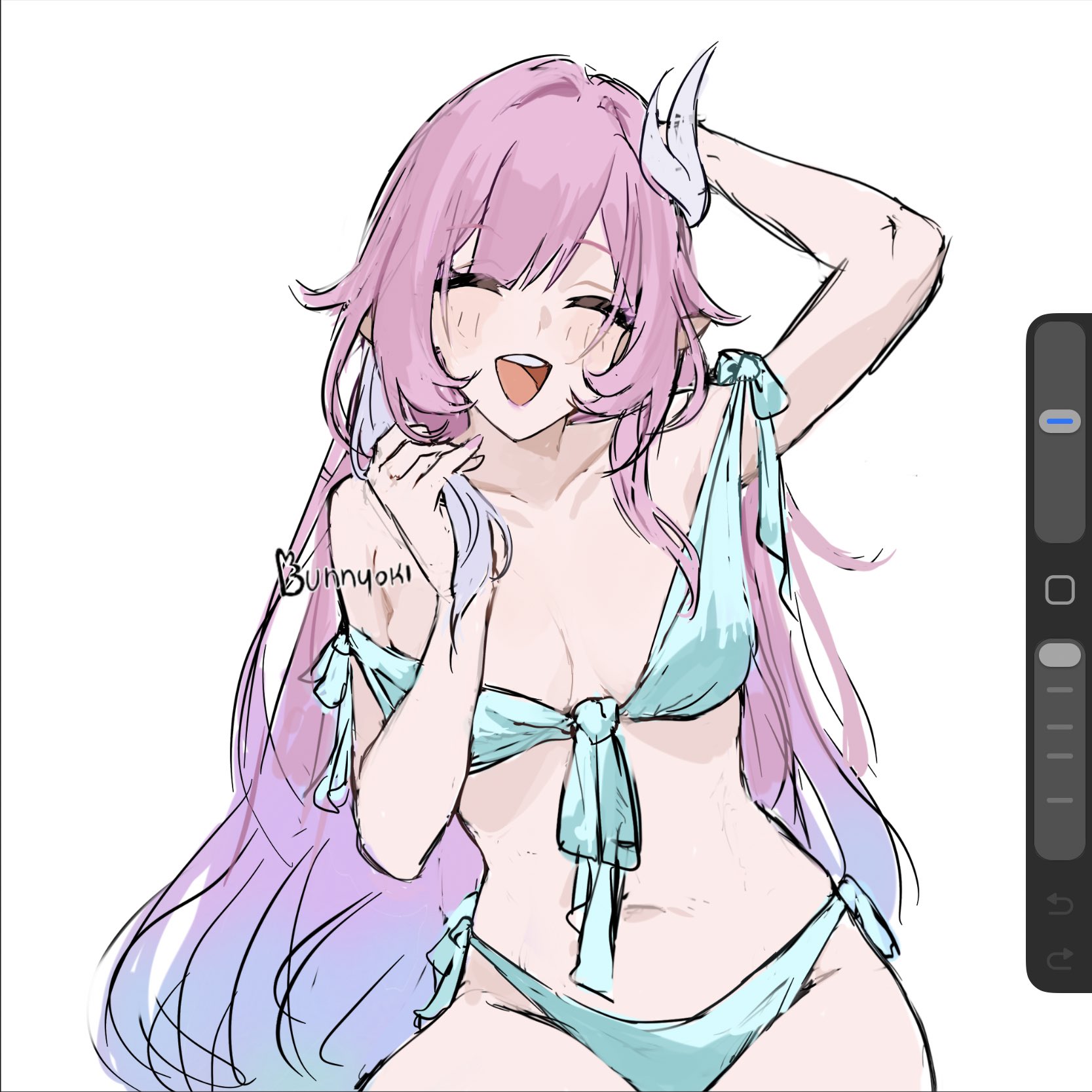 bunnyoki, cyrene (honkai: star rail), cyrene (ripples of past reverie) (honkai: star rail), honkai: star rail, honkai (series), commentary, english commentary, highres, unfinished, 1girl, alternate costume, aqua bikini, art program in frame, artist name, bikini, breasts, gradient hair, large breasts, long hair, multicolored hair, navel, pink hair, pointy ears, purple hair, simple background, smile, solo, stomach, swimsuit, very long hair, white background, white hair