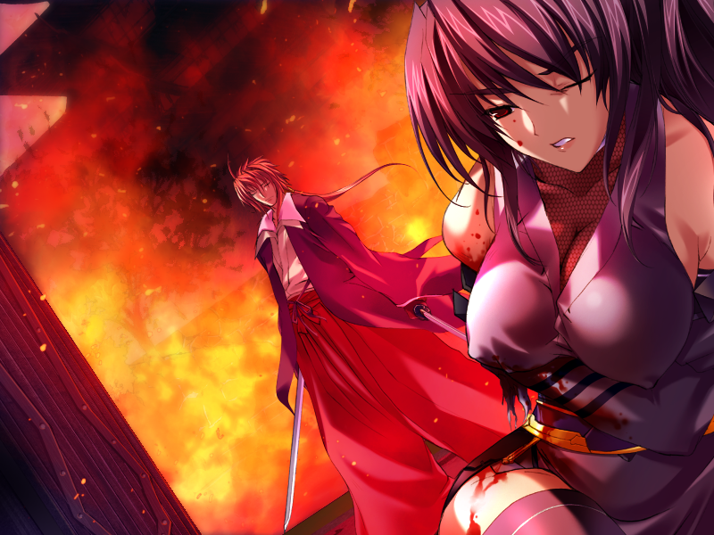 blade, character request, source request, amputee, blood, fire, purple hair, red eyes, red hair