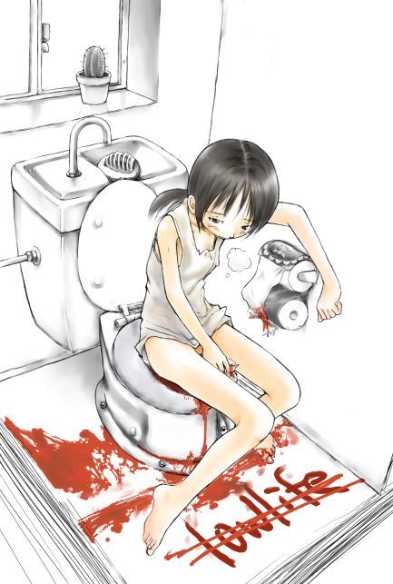 kashmir, bathroom, black hair, blood, blush, bottomless, cactus, closet, legs, menstruation, ponytail, sink, tank top, toilet, toilet paper, window