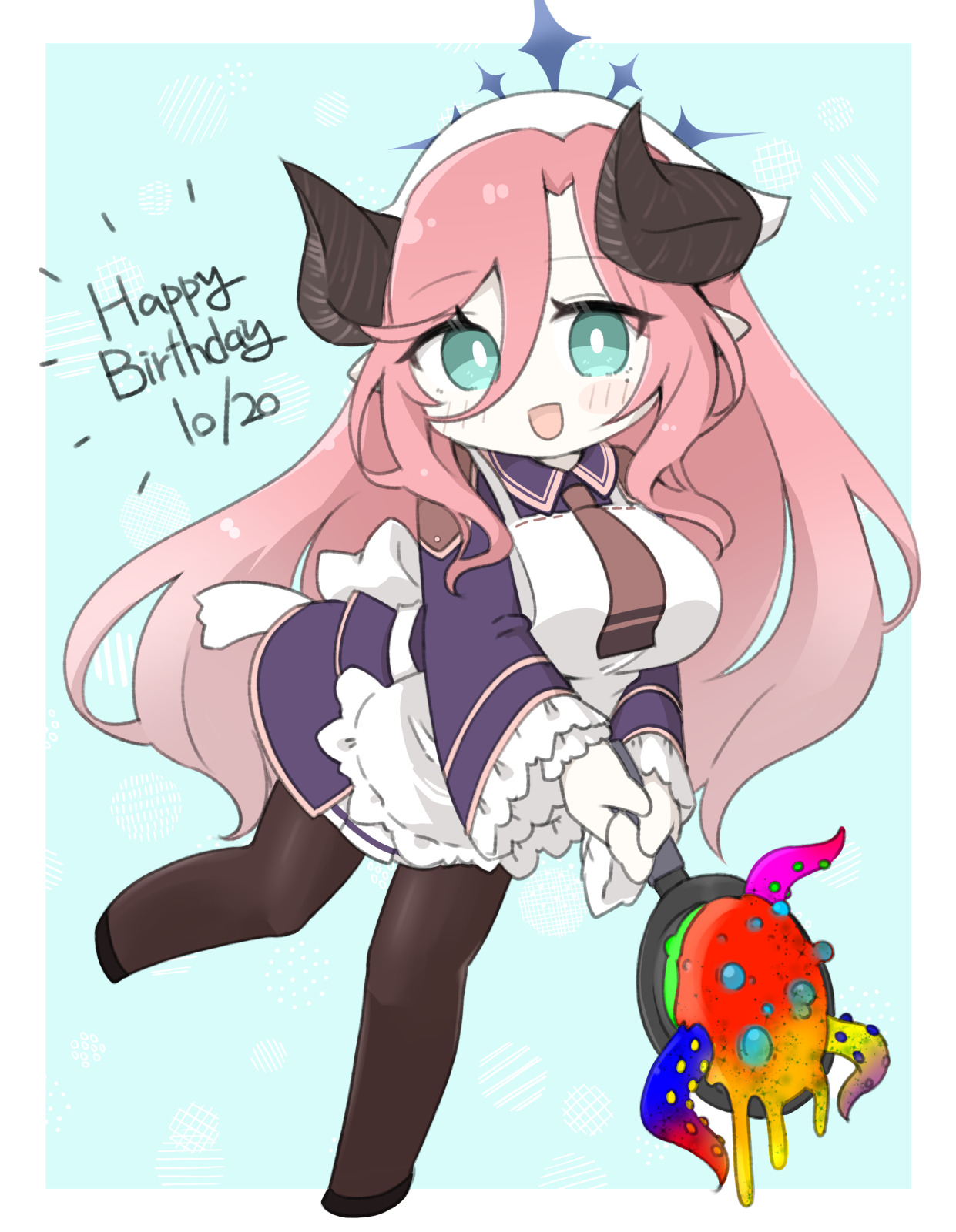 miranofuudoria, juri (blue archive), blue archive, highres, 1girl, :d, apron, bad food, black shoes, blue background, blush, border, brown pantyhose, chibi, collared dress, dated, dress, frying pan, full body, green eyes, hair between eyes, halo, happy birthday, headscarf, holding, horns, long hair, open mouth, pantyhose, parted bangs, pink hair, pleated skirt, pointy ears, purple dress, shoes, skirt, smile, solo, standing, standing on one leg, suction cups, tentacles, very long hair, white apron, white border, white skirt