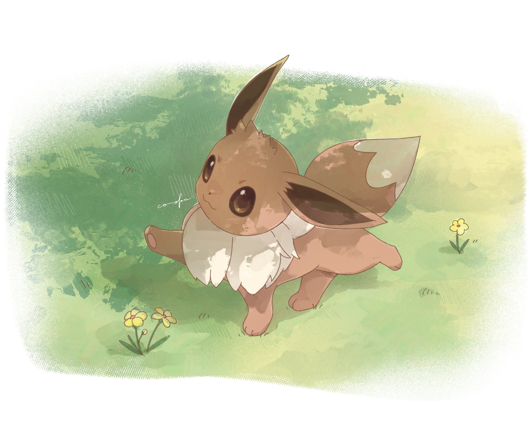 eevee, nintendo, pokemon, highres, :3, animal focus, brown eyes, brown fur, closed mouth, conoka 20, flower, full body, gen 1 pokemon, grass, no humans, pokemon (creature), pokemon focus, smile, solo, tail