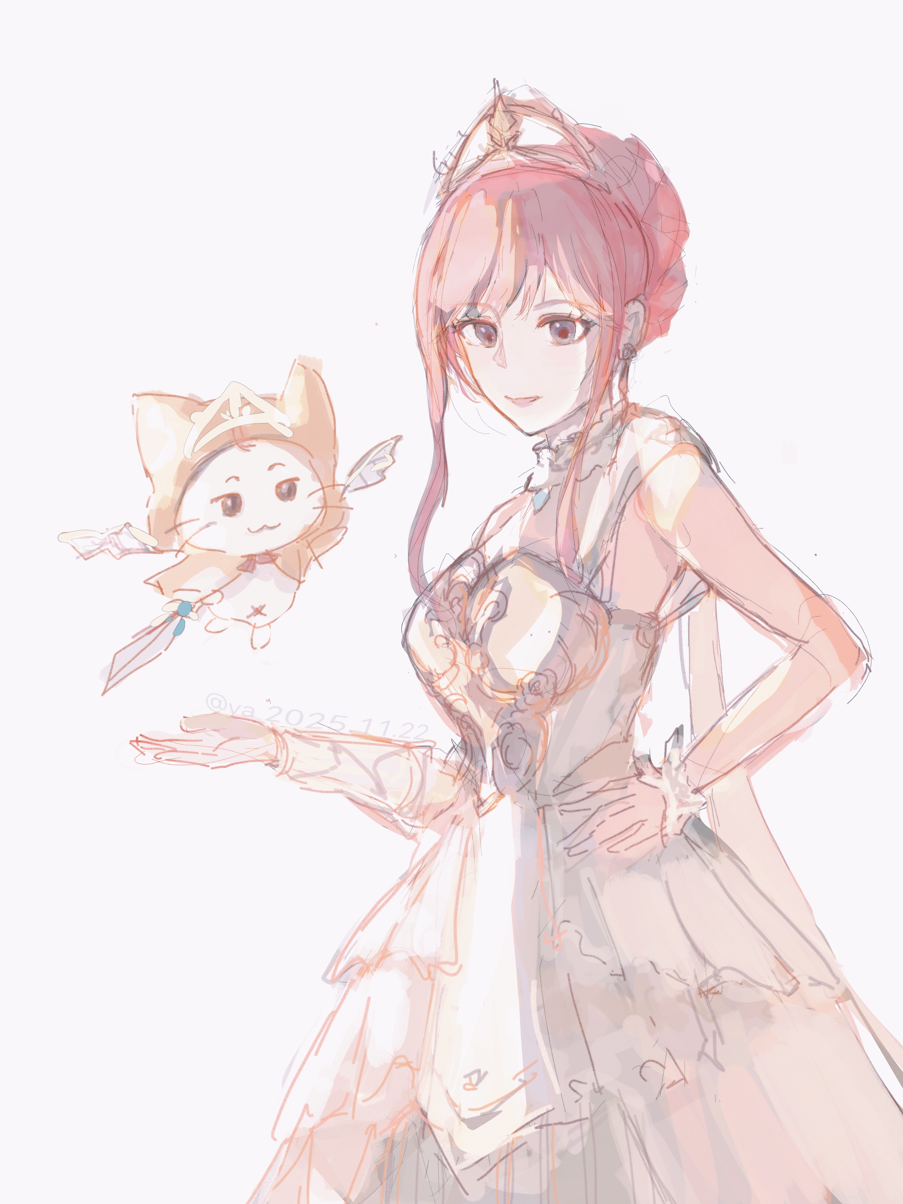 momo (nikki), nikki (nikki), infinity nikki, nikki (series), absurdres, chinese commentary, commentary request, highres, 1girl, :3, angel wings, animal, arm warmers, armor, artist name, bare shoulders, blue gemstone, bow, bowtie, breastplate, brown eyes, brown pupils, bukeyisese40877, cat, chest jewel, cloak, closed mouth, clothed animal, collar, cowboy shot, dated, detached collar, dress, ear covers, eyelashes, frilled collar, frilled wrist cuffs, frills, gem, gold tiara, hand on own hip, happy, holding, holding sword, holding weapon, hood, hood up, hooded cloak, melody bloom (infinity nikki), navel, open mouth, outstretched hand, pink hair, red bow, red bowtie, short hair with long locks, sidelocks, simple background, single arm warmer, single wrist cuff, sleeveless, sleeveless dress, smile, spread wings, standing, sword, traditional bowtie, updo, weapon, whiskers, white arm warmers, white background, white cat, white collar, white dress, white wings, white wrist cuffs, winged animal, wings, wrist cuffs, yellow cloak