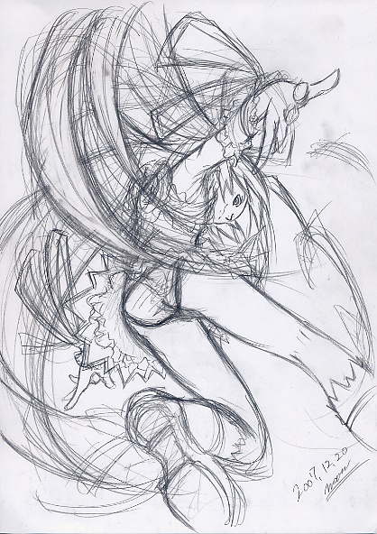 maon, al azif (demonbane), demonbane, graphite (medium), traditional media, 00s, dutch angle, from below, greyscale, long hair, looking up, monochrome, panties, pantyshot, ribbon, signature, sketch, underwear