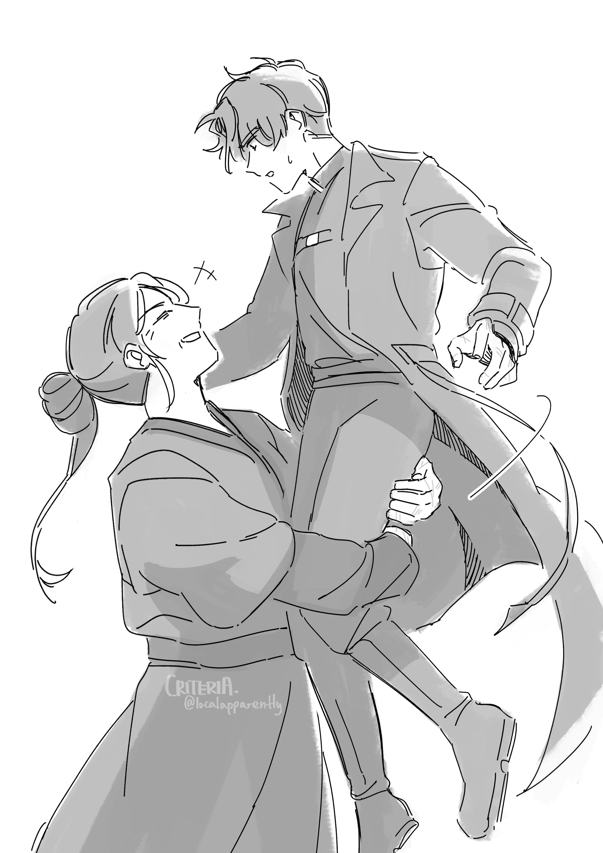 criteria, yoo joonghyuk, omniscient reader's viewpoint, absurdres, highres, 1boy, 1girl, closed eyes, coat, full body, greyscale, grin, hair bun, height difference, lifting person, monochrome, motion lines, namgung minyoung, notice lines, outstretched arm, robe, short hair, sidelocks, smile, sweatdrop, teacher and student