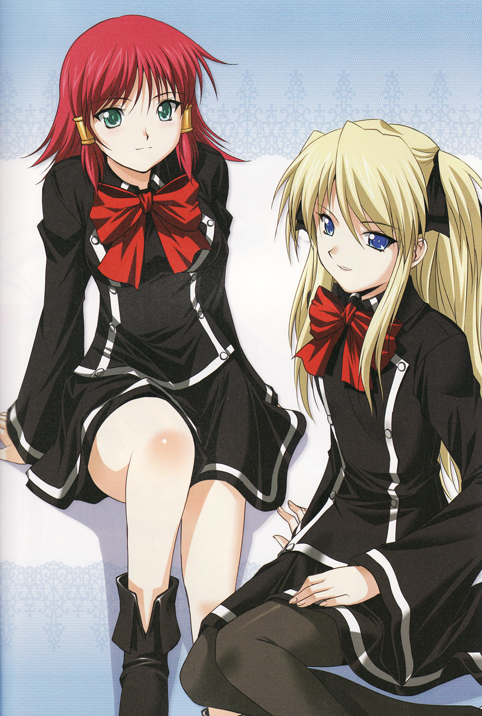 ruquia, shalon, quiz magic academy, black footwear, black legwear, highres, 2girls, arm support, black skirt, blonde hair, blue eyes, blush, bow, bowtie, breasts, dress, female focus, fingernails, flat chest, green eyes, hair ornament, long hair, long sleeves, looking at viewer, miniskirt, multiple girls, pantyhose, parted lips, red bow, red hair, ribbon, school uniform, shirt, shoes, sidelocks, sitting, skirt, twintails, wide sleeves