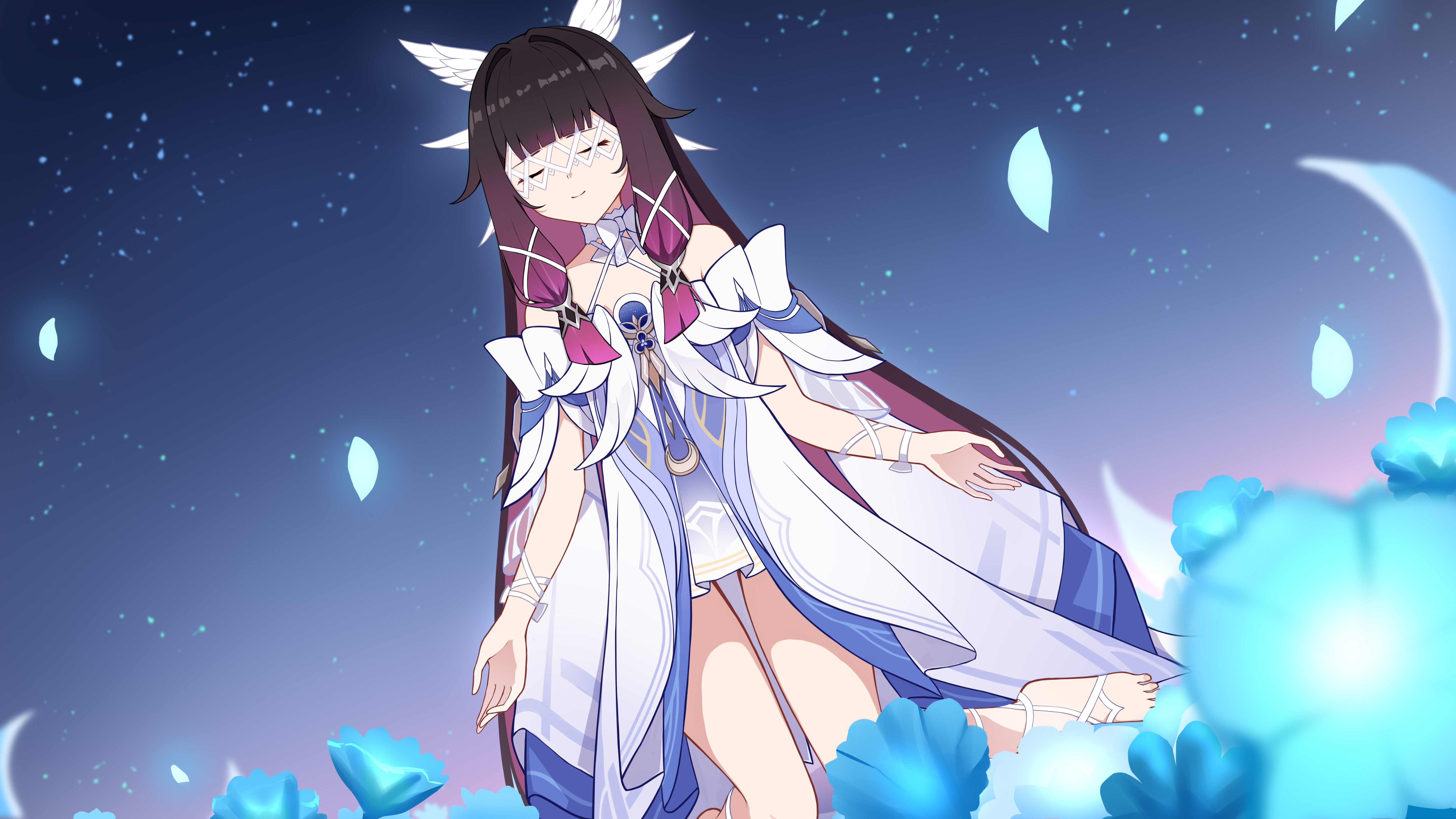 mxirony, columbina (genshin impact), genshin impact, absurdres, highres, 1girl, black hair, blue petals, choker, closed eyes, closed mouth, dress, falling petals, feathered wings, gradient hair, hair ribbon, head wings, kneeling, long sidelocks, multicolored hair, multiple wings, petals, pink hair, ribbon, sidelocks, smile, solo, white choker, white dress, white mask, wings, wrist ribbon