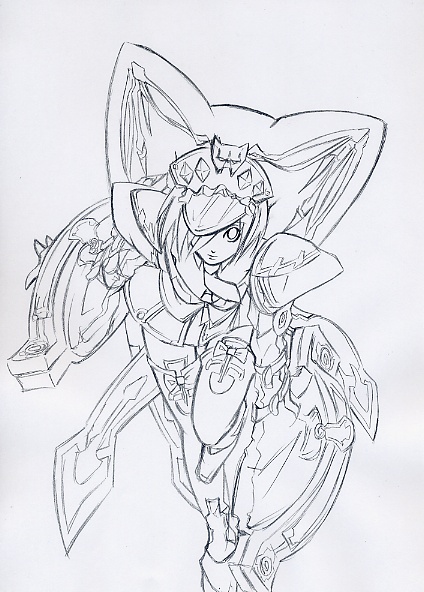 maon, valentine (guilty gear), guilty gear, guilty gear 2, millipen (medium), pen (medium), traditional media, greyscale, large hat, leaning forward, monochrome, signature, thighhighs